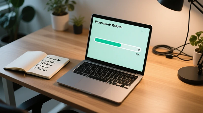 Vista superior de mãos a usar portátil com barra de progresso de bónus e bloco de notas com checklist