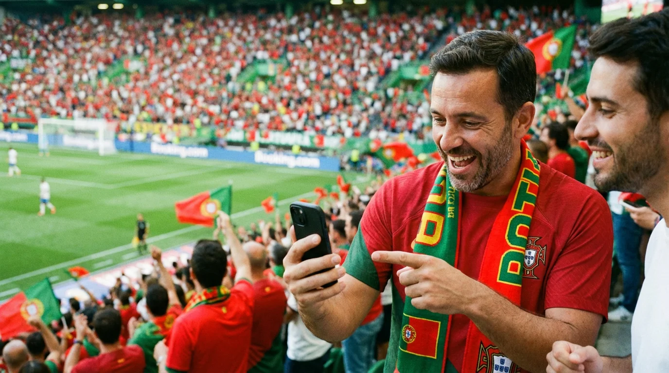 Adepto no estádio de futebol a consultar aplicação de apostas no telemóvel