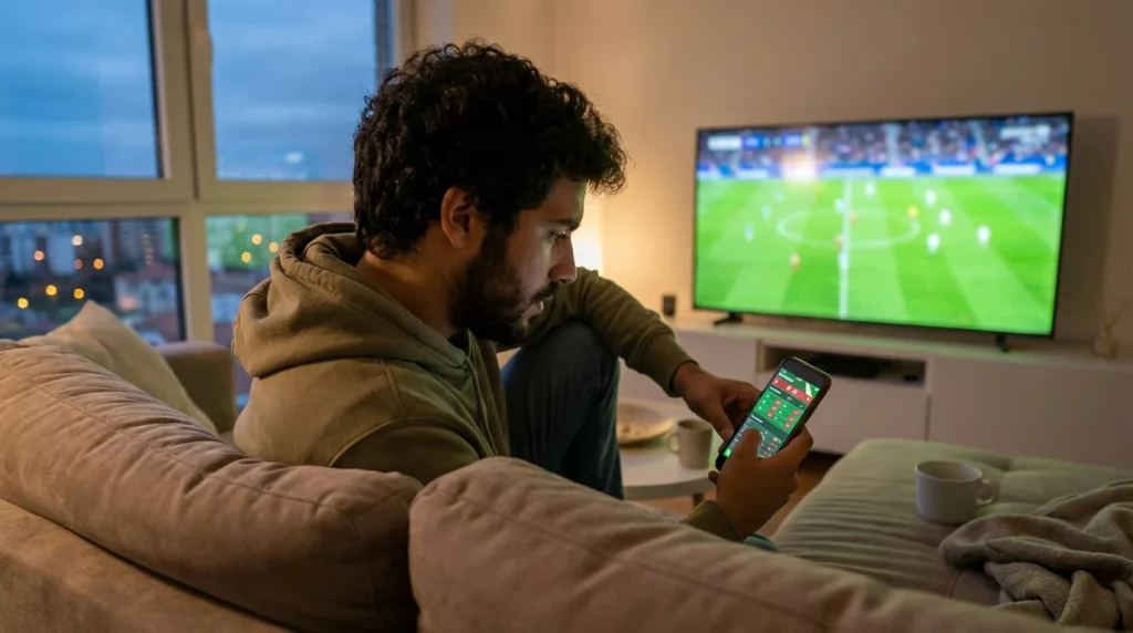 Pessoa a fazer apostas ao vivo enquanto assiste a um jogo de futebol