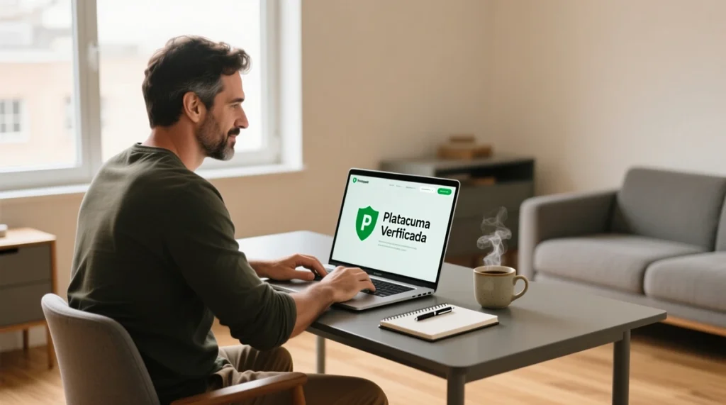 Apostador português a utilizar laptop em ambiente seguro para apostas online legais