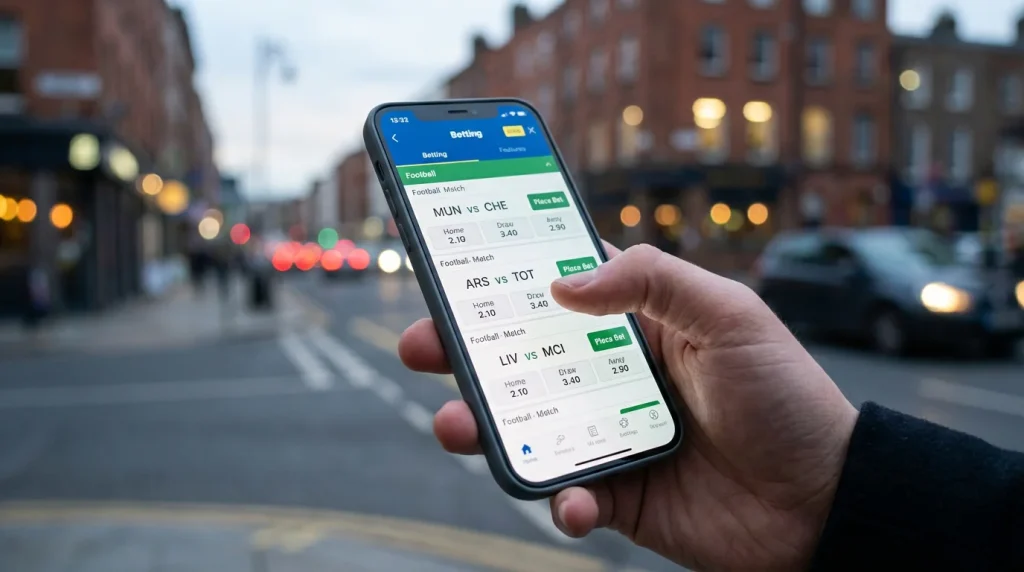 Smartphone com aplicação de apostas desportivas na mão de um utilizador
