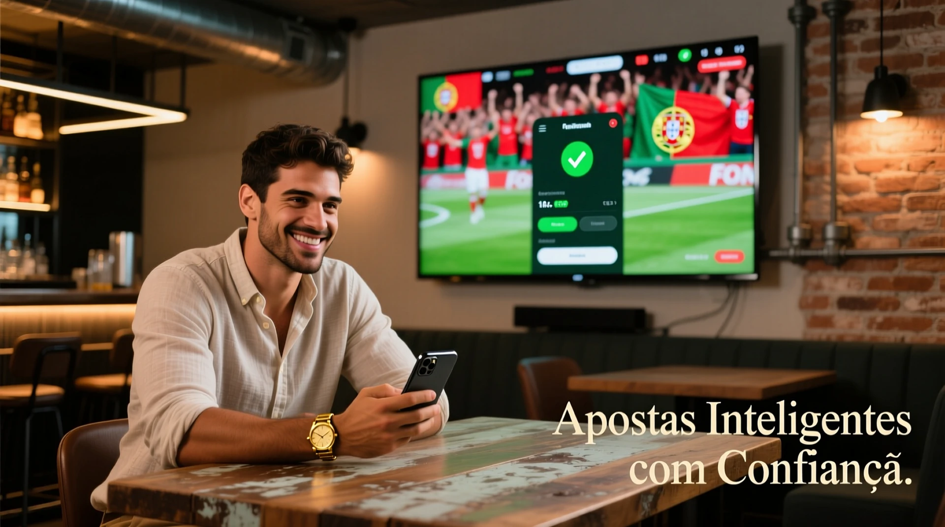 Apostador português a verificar ganhos de apostas desportivas num smartphone moderno num bar desportivo