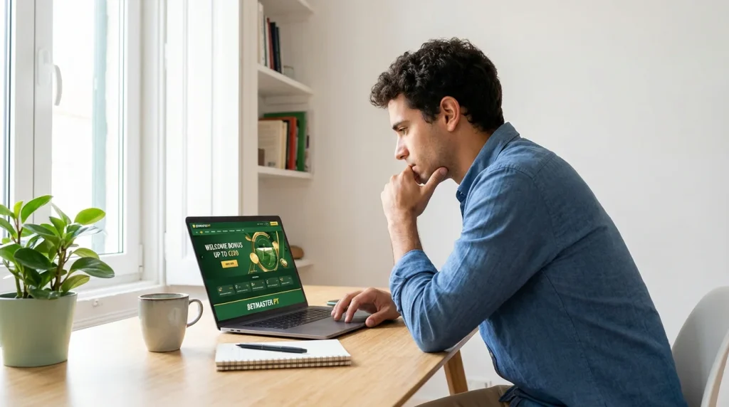 Novo apostador a explorar ofertas de boas-vindas numa plataforma de apostas