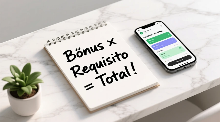Mãos a escrever cálculos de rollover num bloco de notas junto a smartphone com aplicação de apostas
