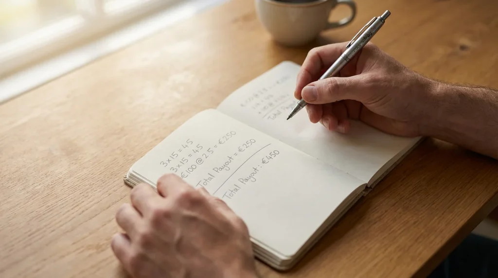 Pessoa a analisar números e fórmulas de apostas num bloco de notas