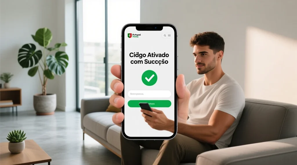 Homem português satisfeito a introduzir código promocional no telemóvel em sala moderna