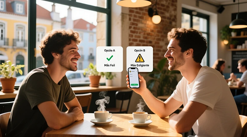 Dois amigos portugueses num café moderno a comparar ofertas de bónus no telemóvel