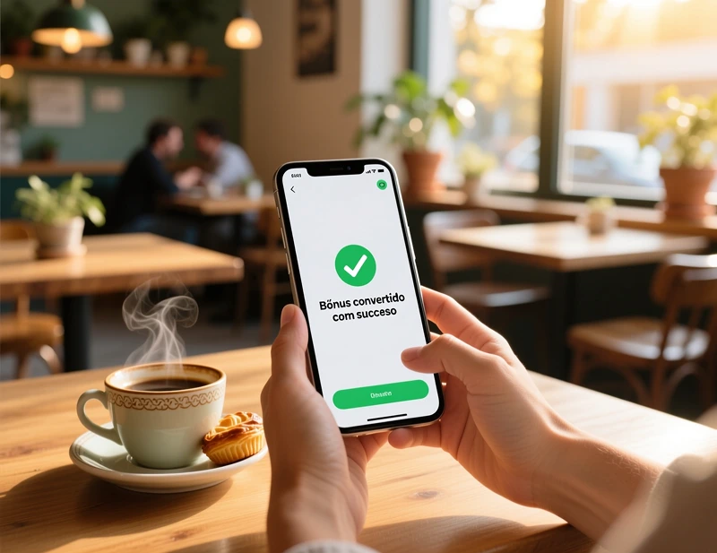 Mãos segurando telemóvel com ecrã de confirmação de sucesso num café