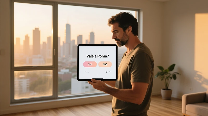 Homem português junto à janela com tablet a ponderar decisão sobre bónus de apostas