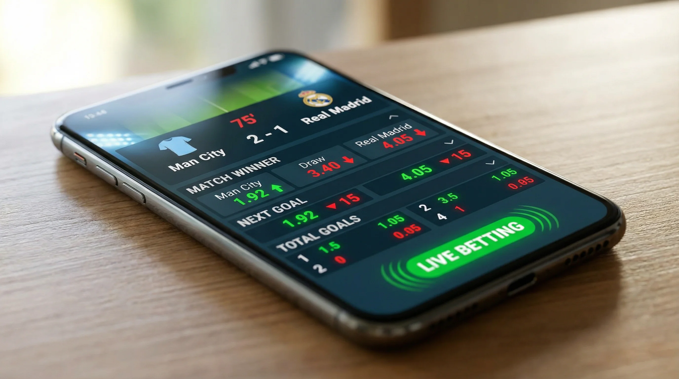 Ecrã a mostrar odds a mudar em tempo real durante um jogo