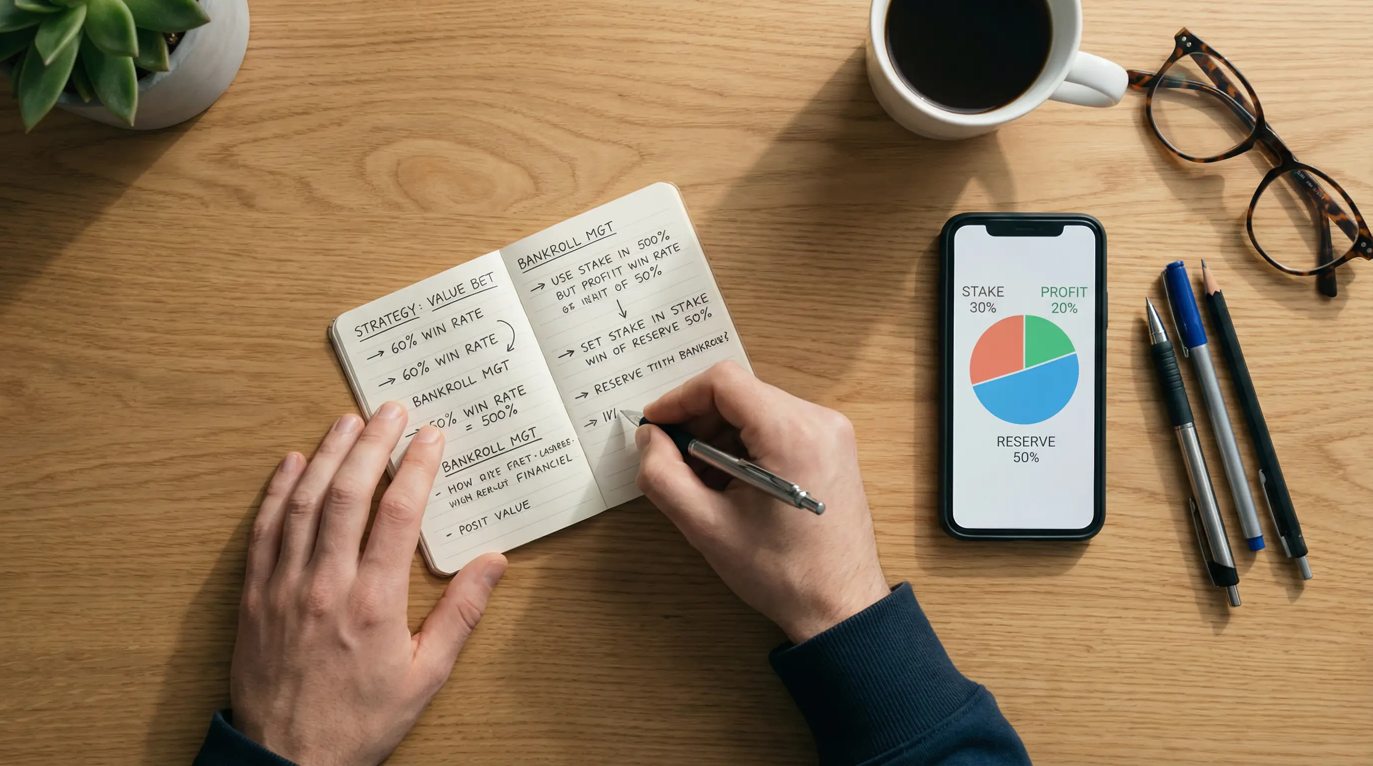 Pessoa a planear estratégia de apostas com notas e estatísticas