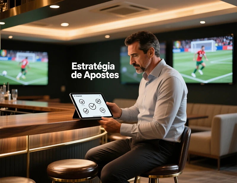 Homem português num sports bar moderno a analisar apostas no tablet com jogos de futebol ao fundo