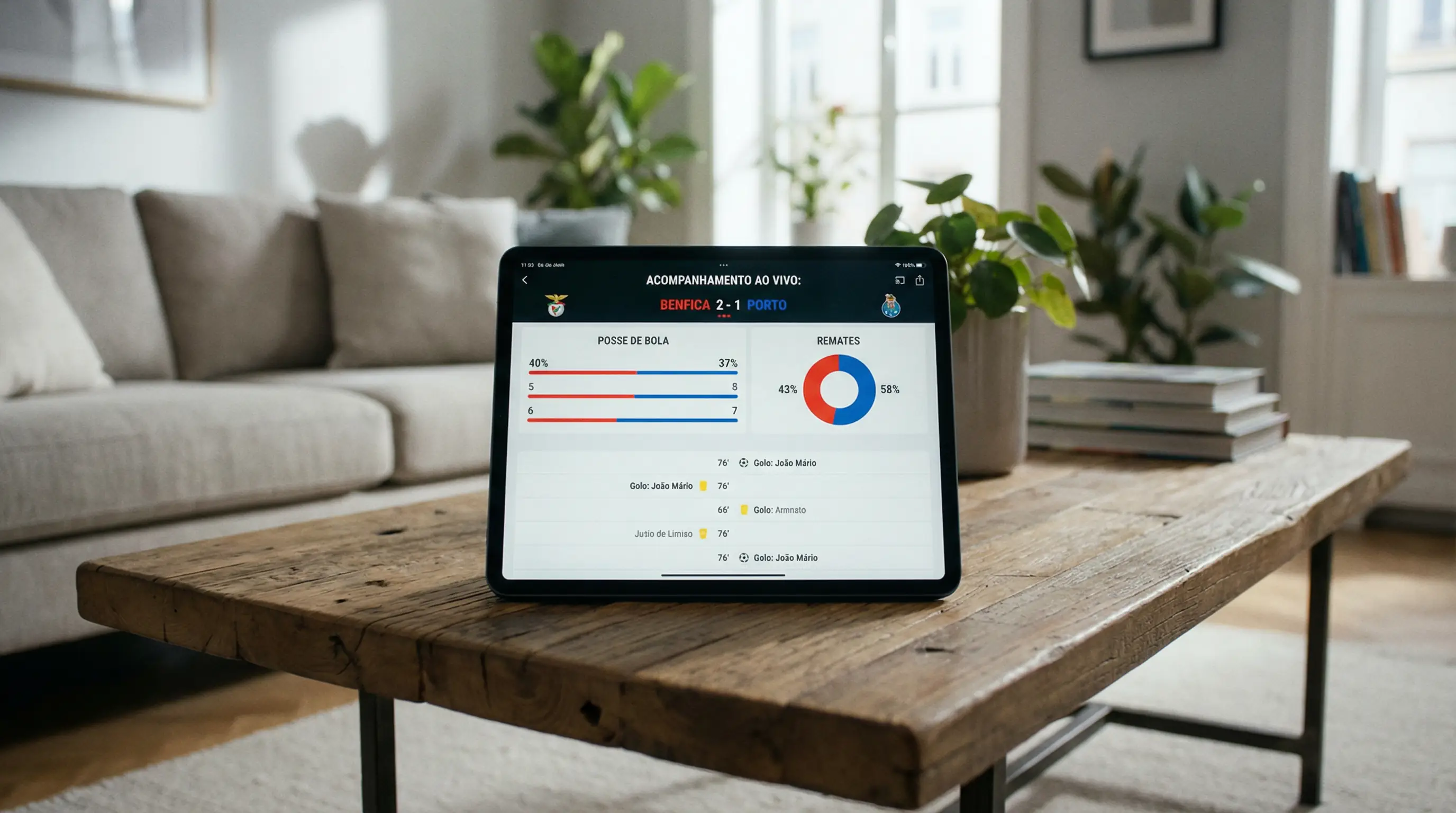 Tablet a mostrar estatísticas de jogo ao vivo e match tracker