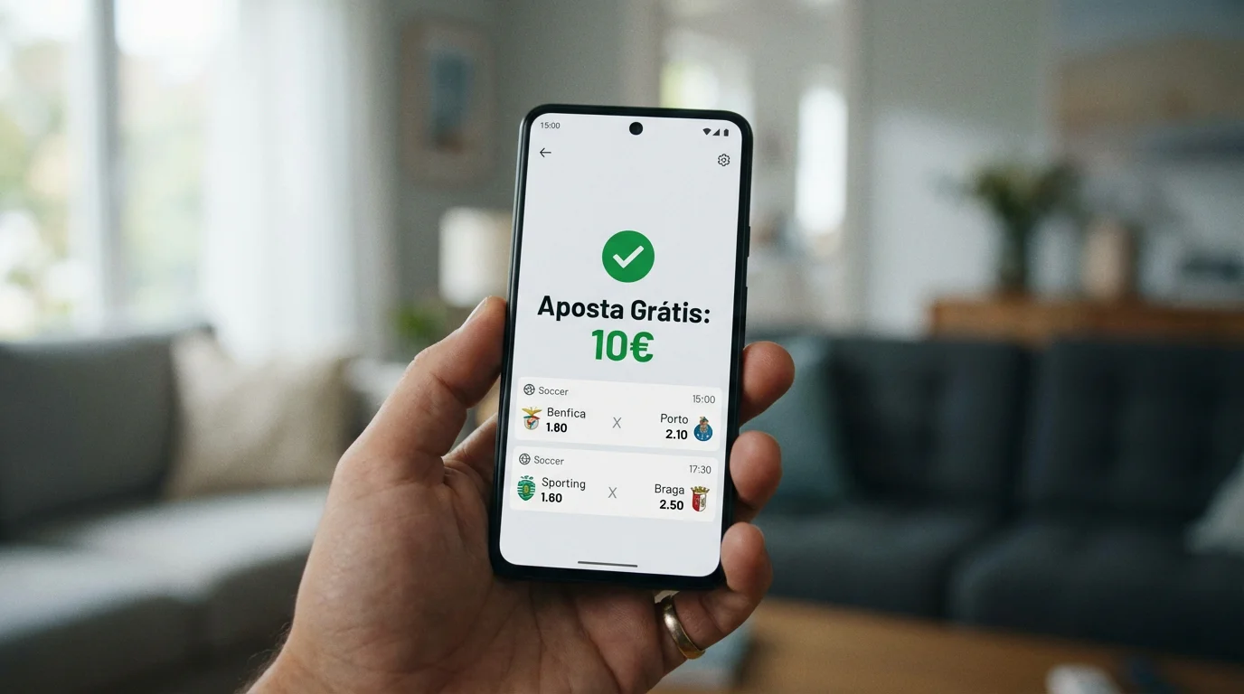 Ecrã de telemóvel mostrando saldo de apostas grátis disponível