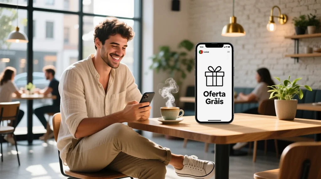 Homem português entusiasmado a receber oferta de freebet no smartphone