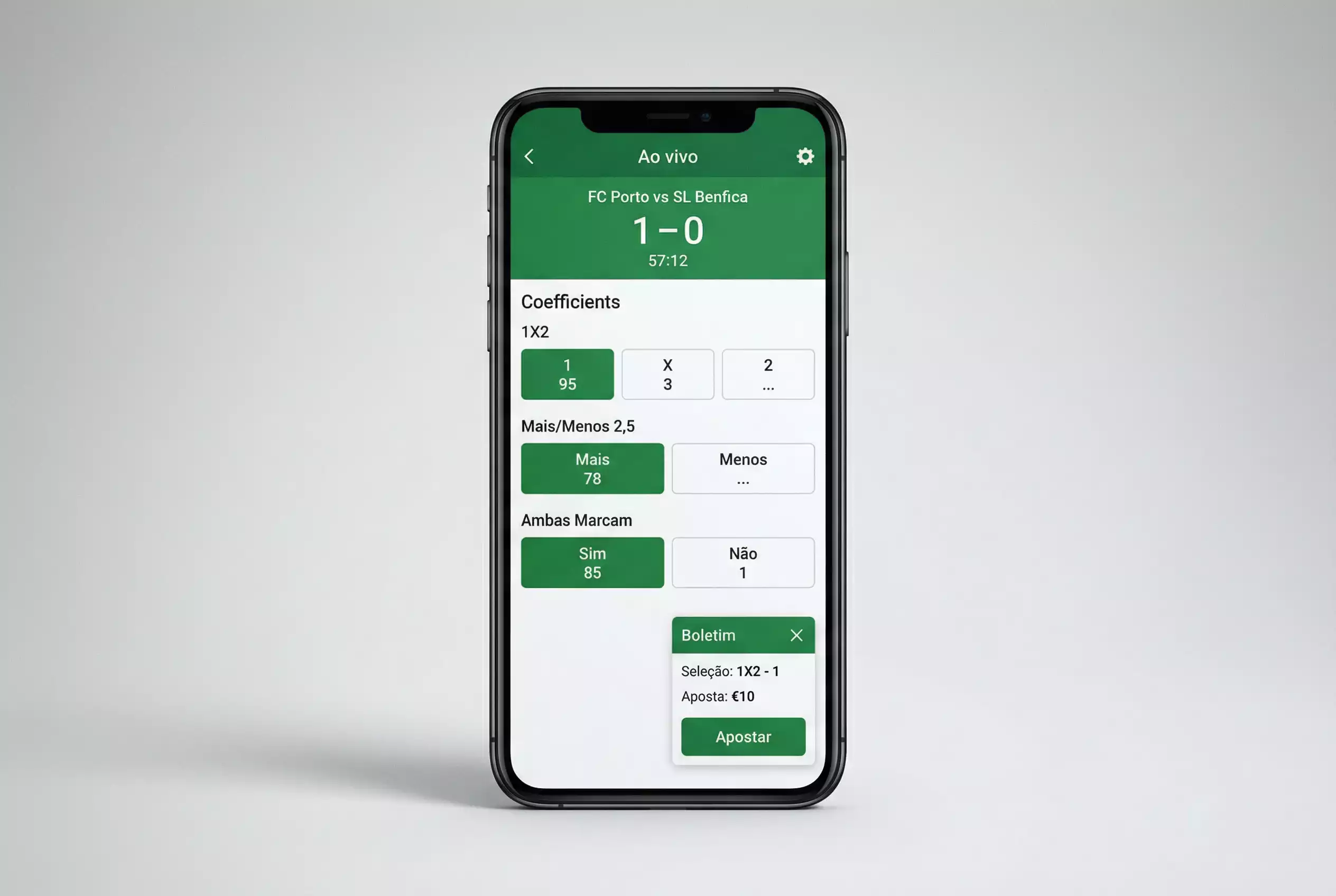 Interface de aplicação móvel de apostas com mercados ao vivo