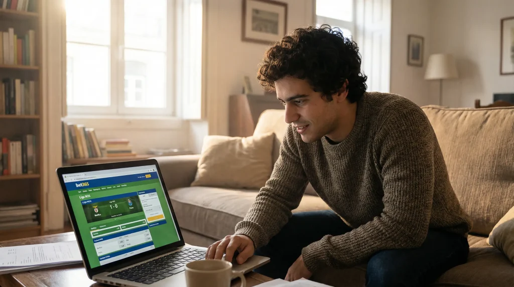 Jovem apostador iniciante a explorar plataforma de apostas desportivas