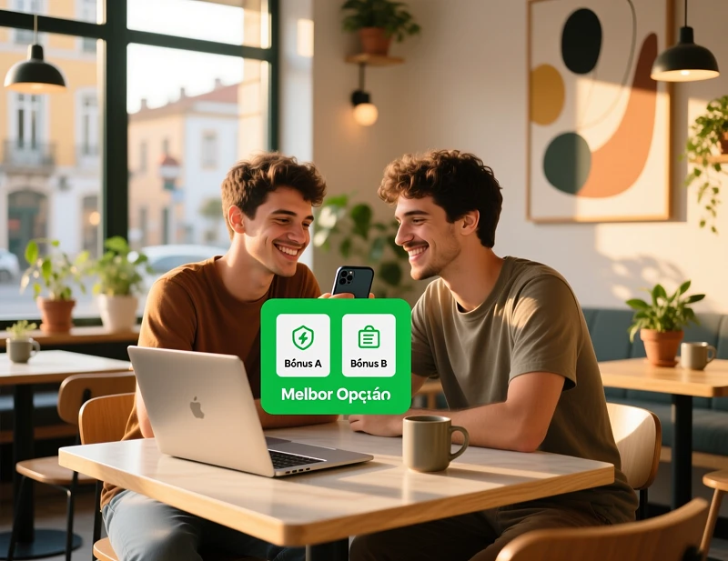 Dois amigos portugueses num café a comparar diferentes ofertas promocionais nos telemóveis