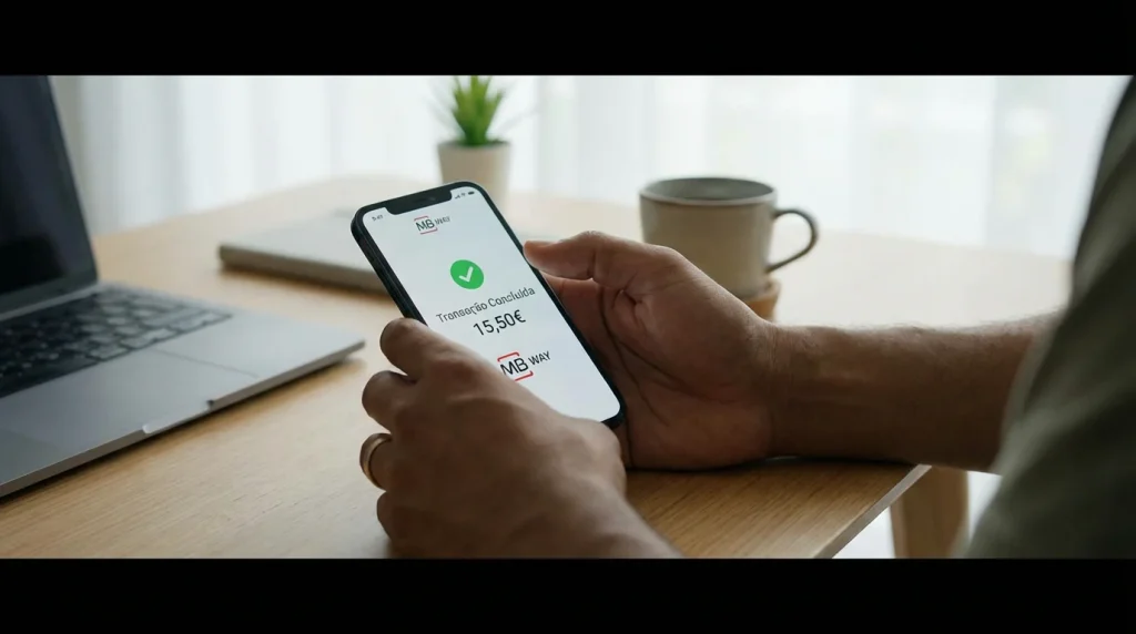 Smartphone com aplicação MB Way e opções de pagamento para apostas