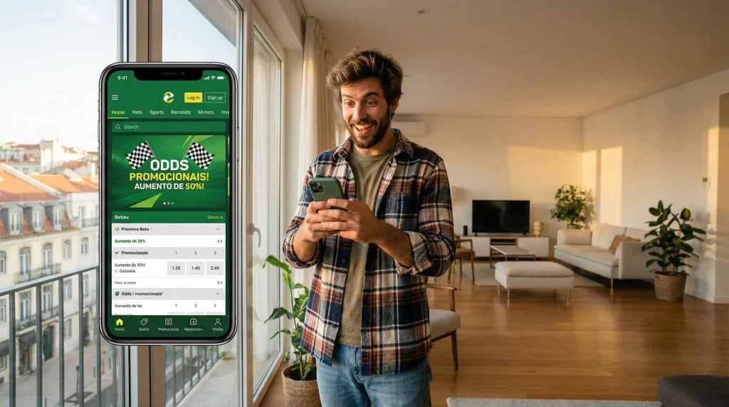 Apostador a consultar promoções de odds aumentadas no telemóvel