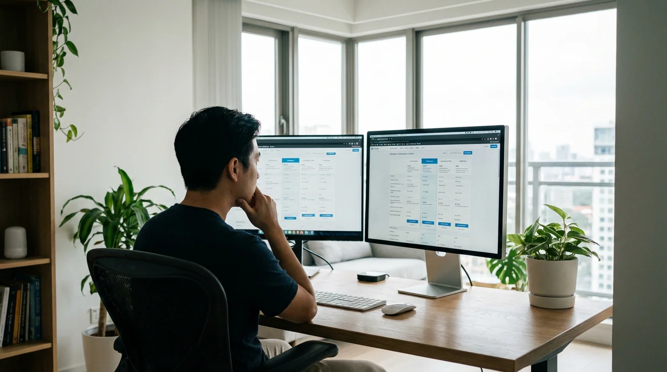 Pessoa a analisar diferentes opções de bónus no computador