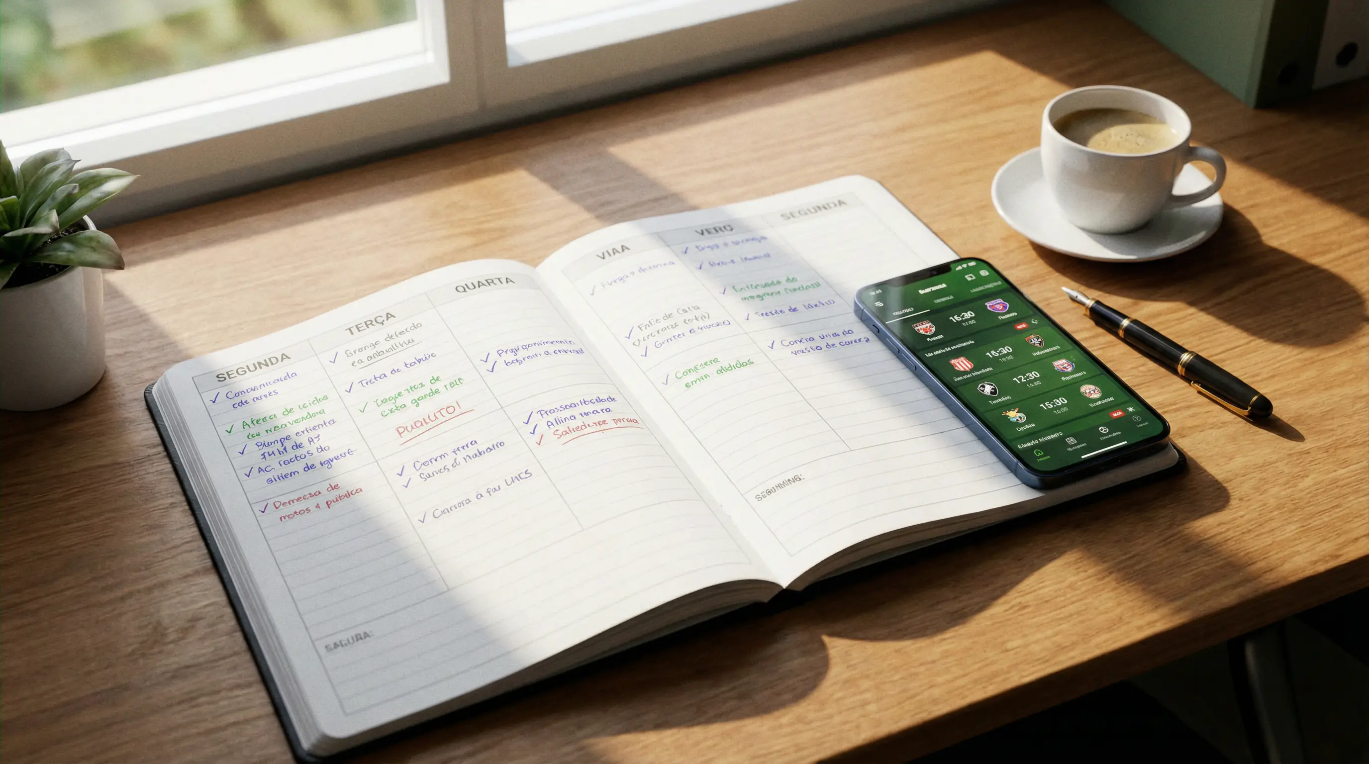 Agenda aberta com planeamento semanal de apostas e notas