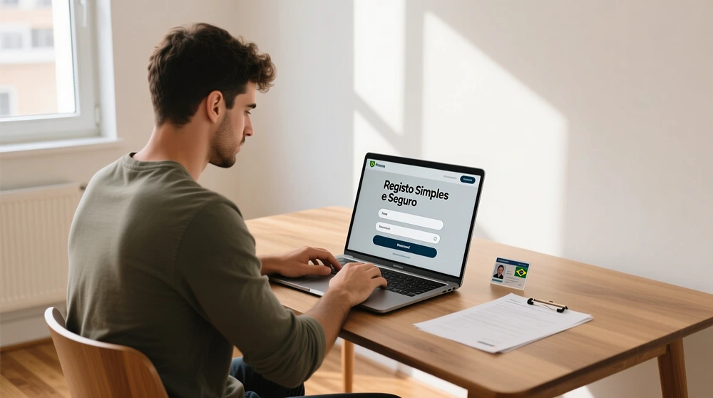 Homem português a completar registo online em casa de apostas legal com documentos de identificação