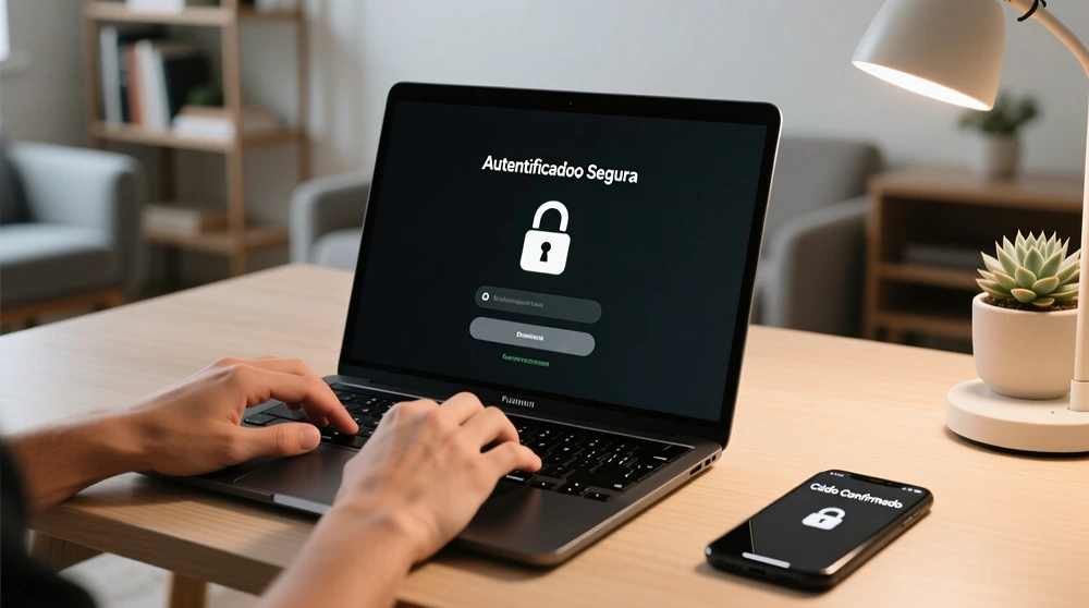 Mãos a utilizar autenticação de dois factores em laptop e smartphone para segurança em apostas