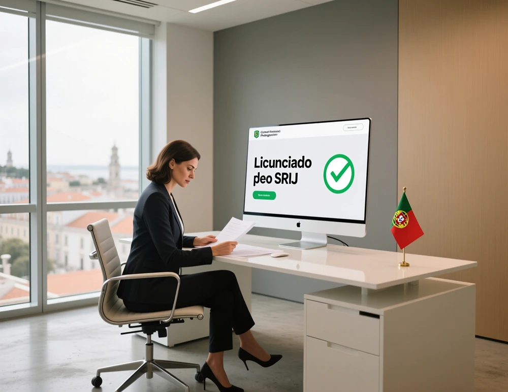 Escritório regulador SRIJ em Portugal com profissional a verificar licenciamento de apostas online