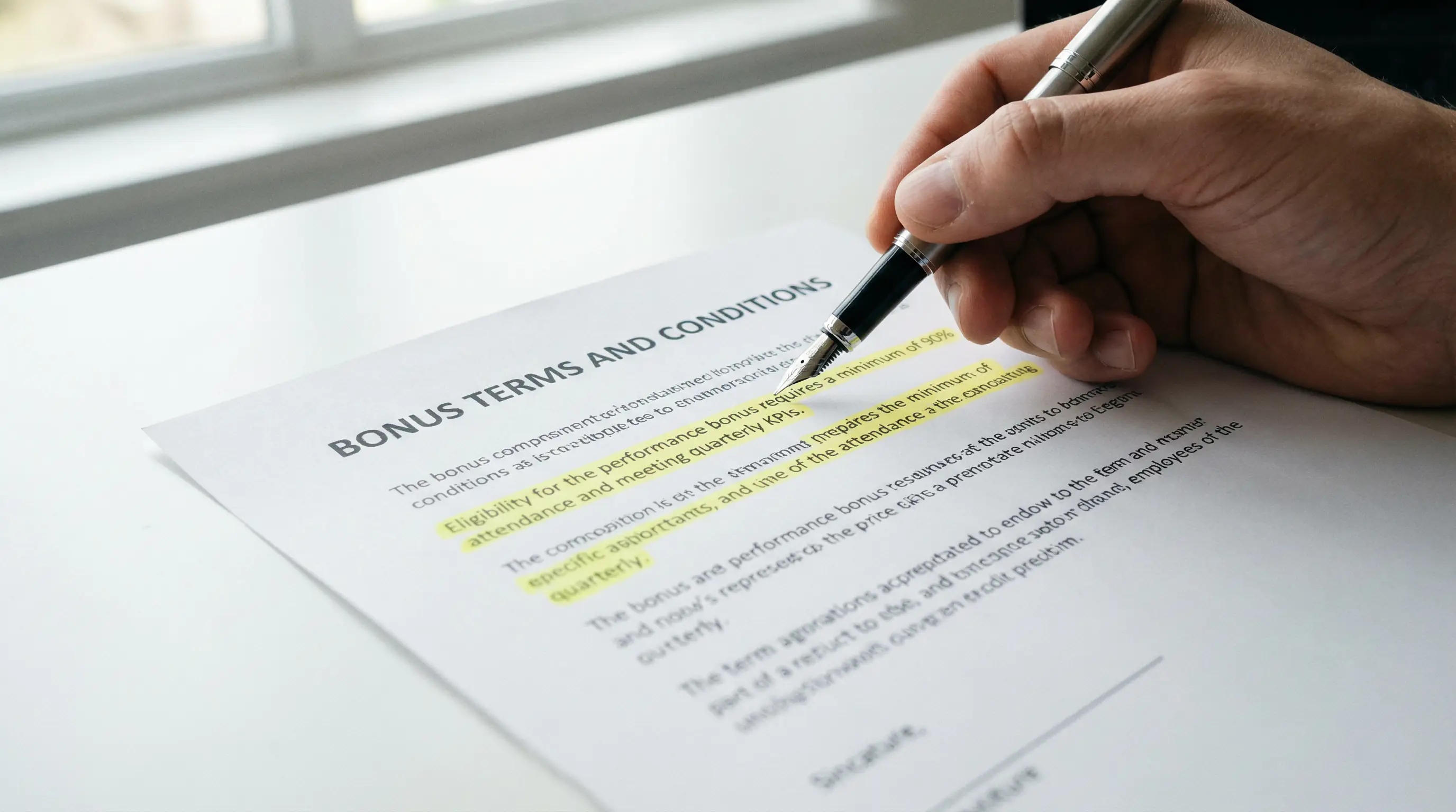 Documento com termos e condições de bónus destacados