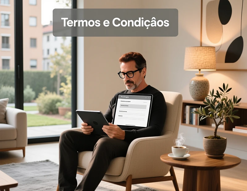 Homem português com óculos a ler atentamente os termos e condições num tablet