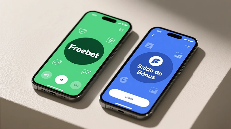 Dois ecrãs de telemóvel mostrando freebet e saldo de bónus lado a lado