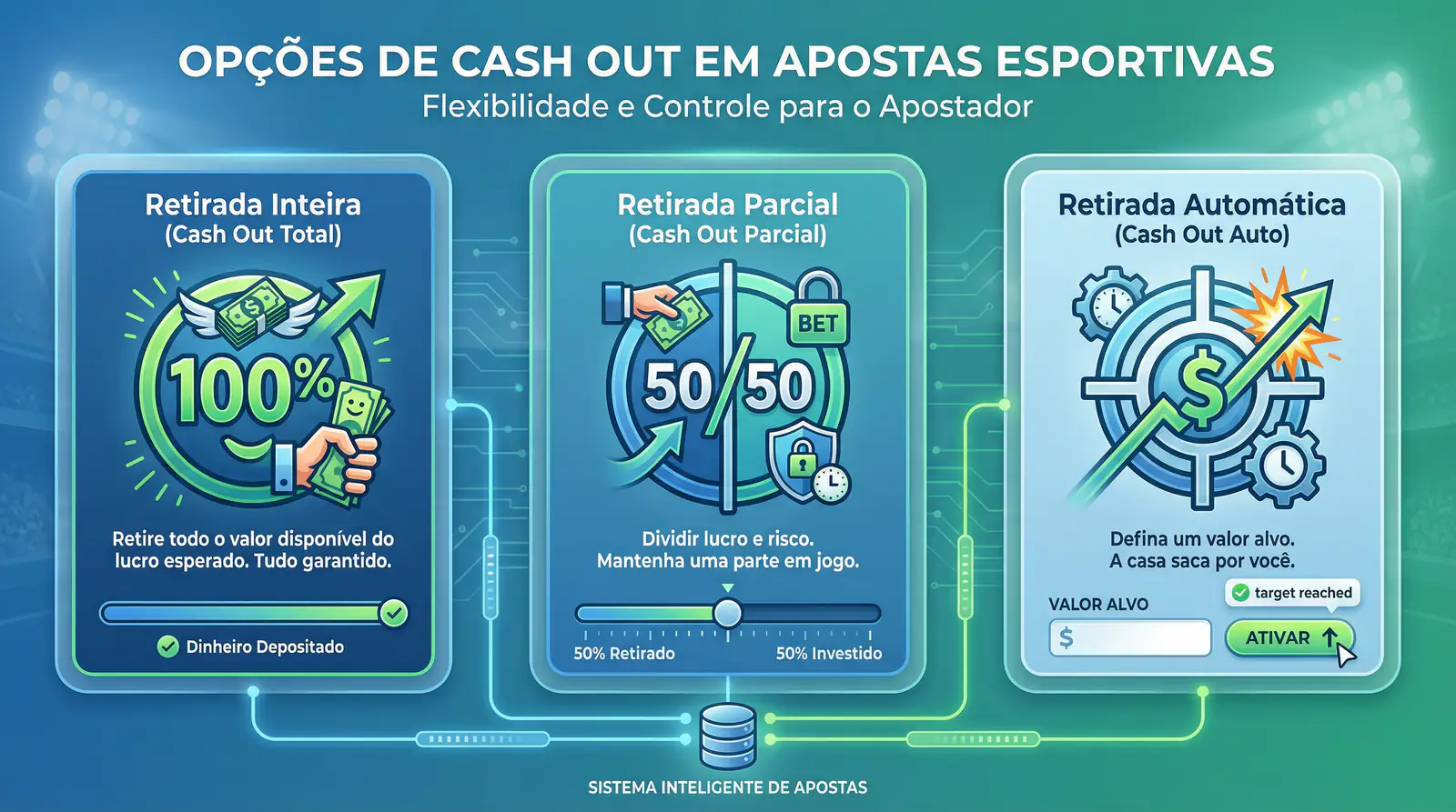 Diagrama mostrando opções de cash out total, parcial e automático