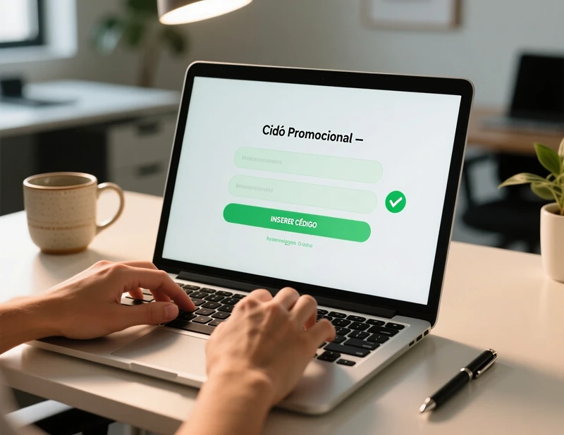 Mãos a digitar código promocional no campo de registo num portátil moderno