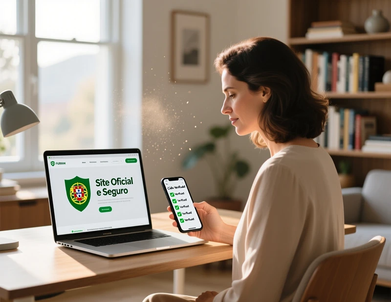 Mulher portuguesa a verificar legitimidade de código promocional comparando informações no portátil e telemóvel