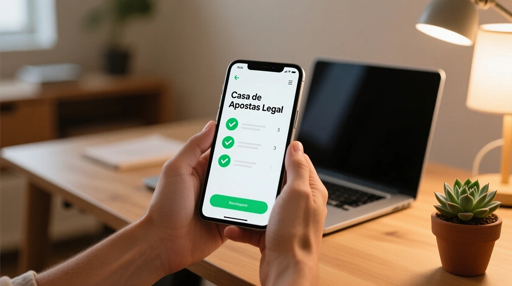 Pessoa a verificar legalidade de casa de apostas em smartphone com lista de verificação